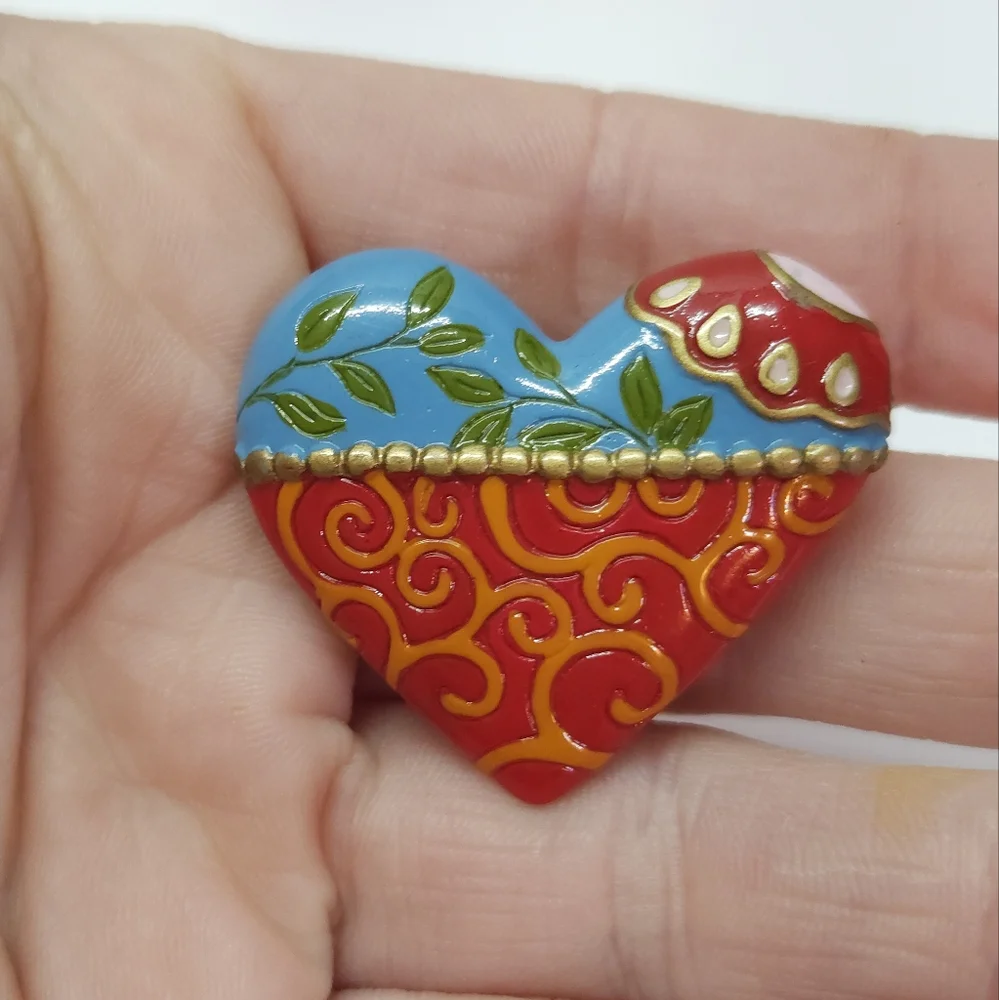 Vintage Hallmark Ganz Hand Painted Floral Heart Brooch or Pin